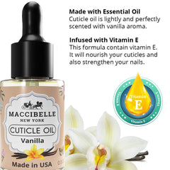 Maccibelle Cuticle Oil glass dropper shows sanitary, precise application for nails.