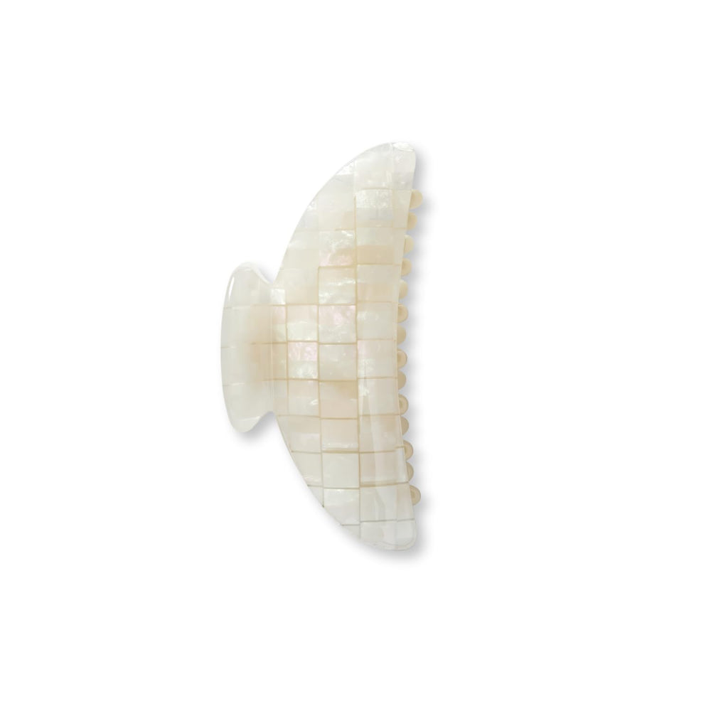 MACHETE midi heirloom claw with opalite shell checker; secure hold for medium hair volume.