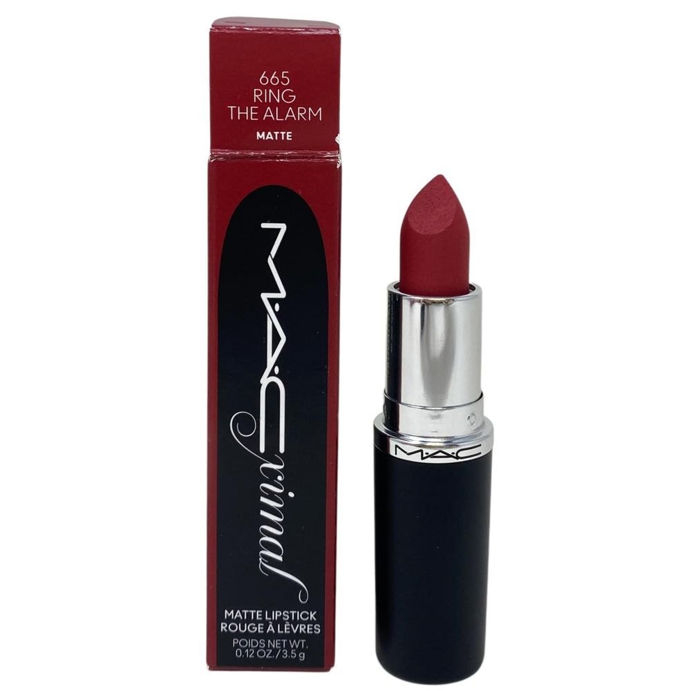 MACximal Matte Lipstick 665 Ring The Alarm swatch shows rich pigment and silky-matte finish.