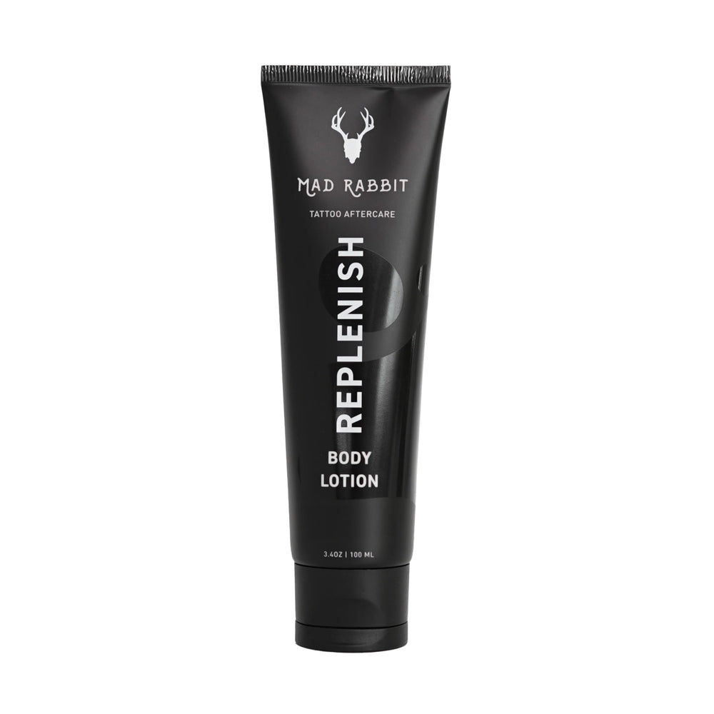 Mad Rabbit Replenish lotion bottle on shelf delivering lightweight daily hydration.
