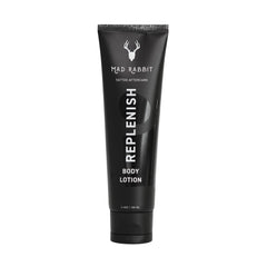 Mad Rabbit Replenish lotion bottle on shelf delivering lightweight daily hydration.
