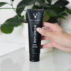 Mad Rabbit Replenish pump bottle demonstrates easy, non-greasy application.