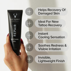 Mad Rabbit Tattoo Aftercare Gel being applied, calming irritated skin with lightweight botanicals