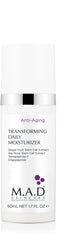 M.A.D Skincare Anti-Aging Transforming Daily Moisturizer bottle highlights SPF protection and hydrating benefits.
