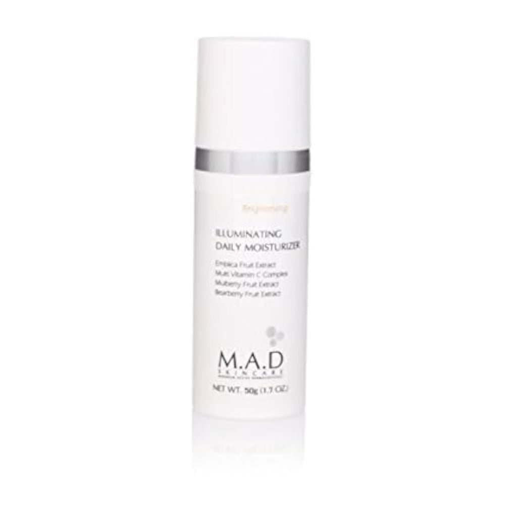 M.A.D Skincare Brightening Illuminating Daily Moisturizer packaging highlights a brightening formula.