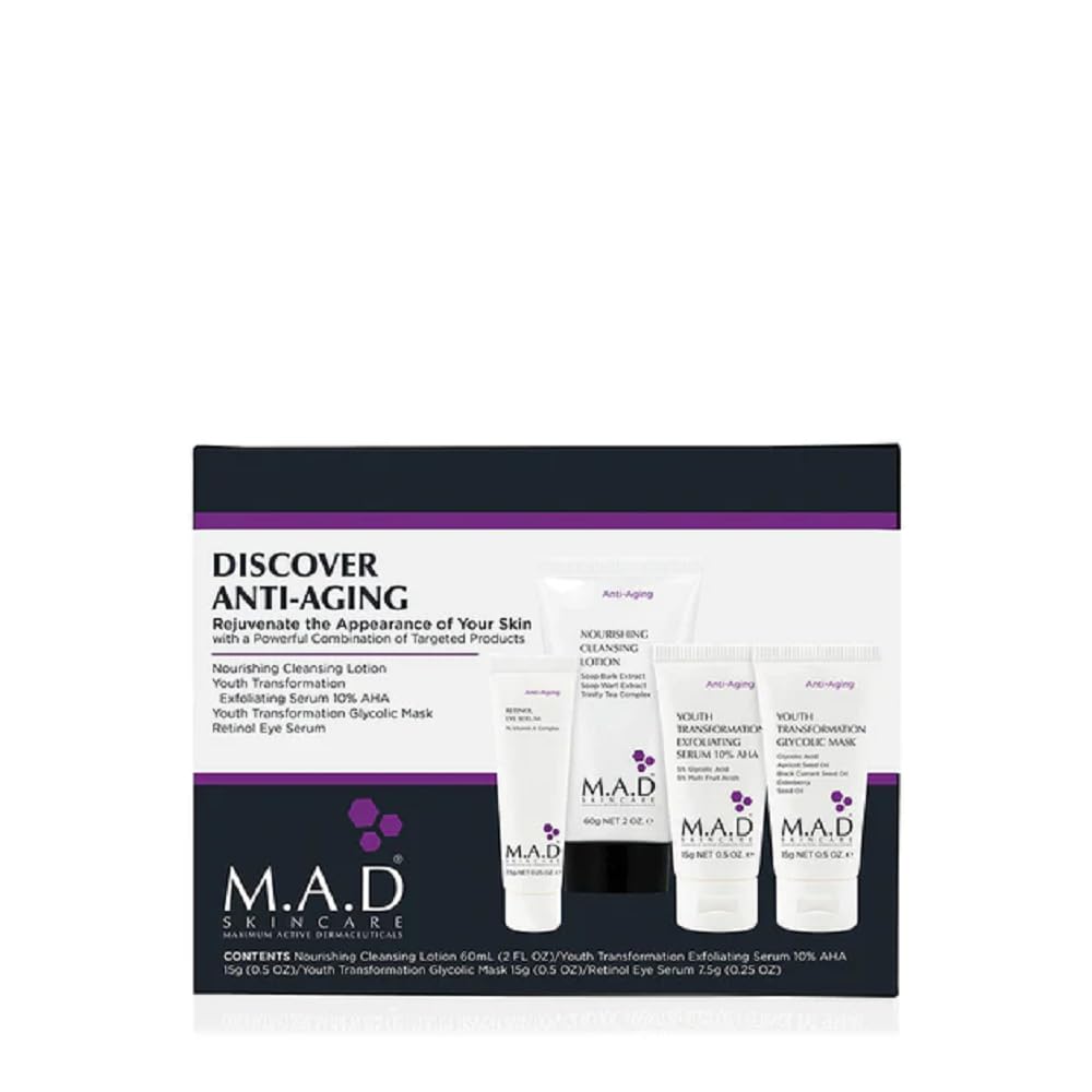 M.A.D Skincare travel system box featuring four age-minimizing products for on-the-go skincare.
