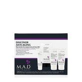 M.A.D Skincare travel system box featuring four age-minimizing products for on-the-go skincare.