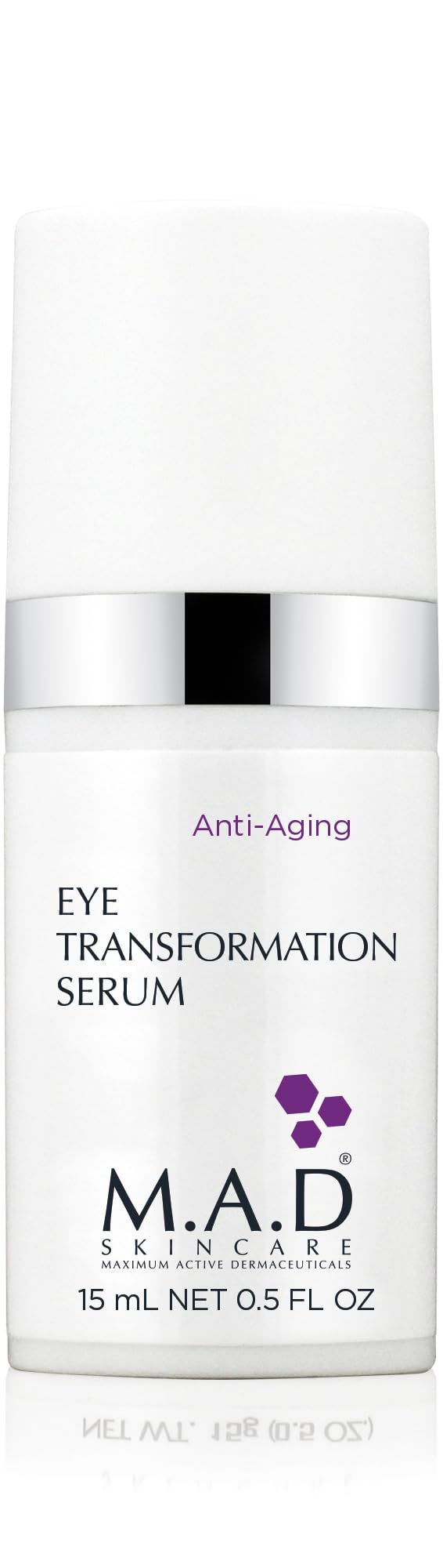 M.A.D Skincare Eye Transformation Serum bottle targets the under-eye area, reducing puffiness and smoothing wrinkles.