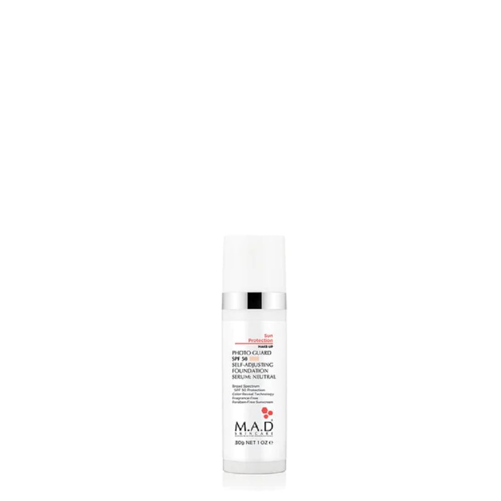 M.A.D Skincare Photo Guard SPF50 bottle highlights a hydrating foundation serum with sun protection for even coverage