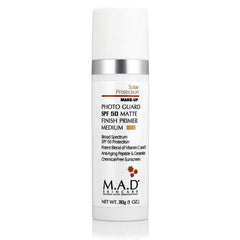 M.A.D Skincare Photo Guard SPF 50 primer bottle provides matte finish for a smooth makeup base