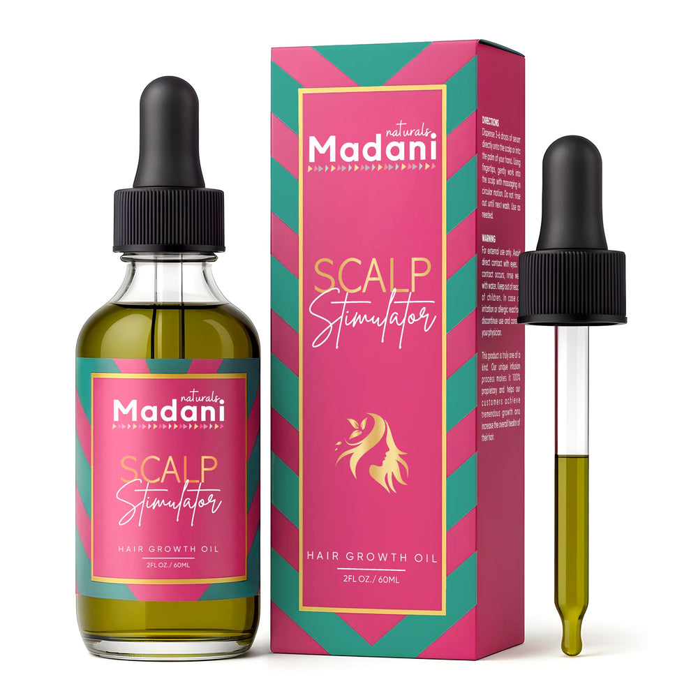 Madani Naturals Scalp Stimulator bottle pour for targeted scalp care and easy application.