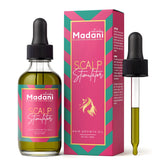 Madani Naturals Scalp Stimulator bottle pour for targeted scalp care and easy application.