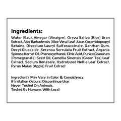 Visual of Made For Locs ingredients featuring ACV, Aloe Vera, and Rice Water