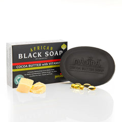 Madina African Black Soap Bar cocoa butter for deep hydration and smoother skin.