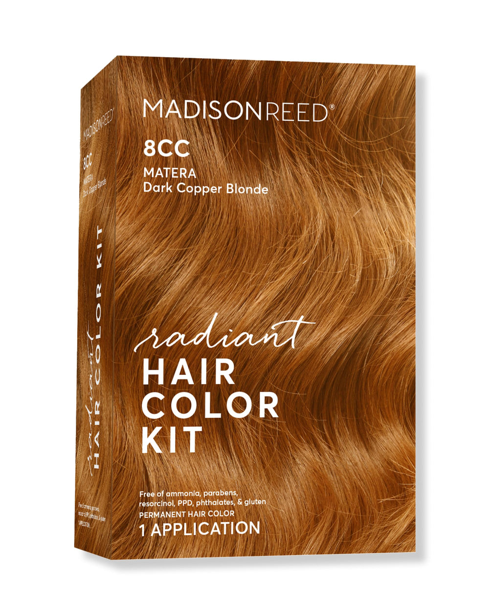 Madison Reed Radiant Color Kit 8CC bottle highlights vivid copper blonde shade for at-home color.