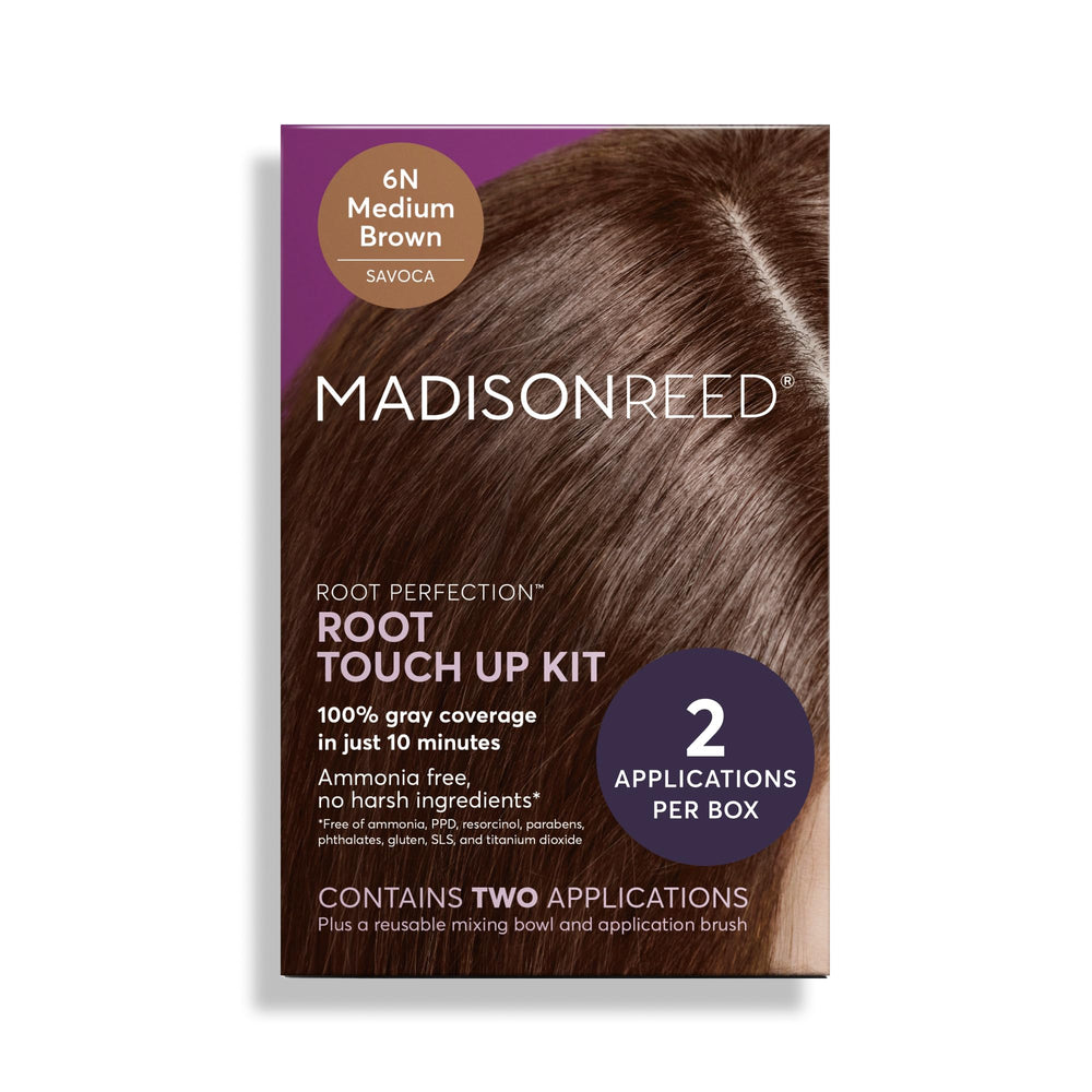 Madison Reed Root Perfection Savoca 6N bottle pour for seamless gray coverage.