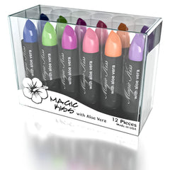 Magic Kiss color-changing lipstick pack with 12 shades, USA-made hydration.