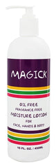 Magick Botanicals fragrance-free lotion texture on skin shows quick absorption for daily use