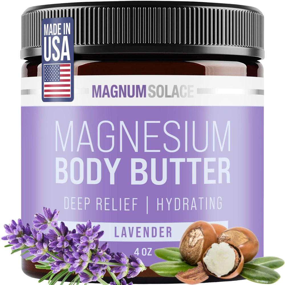 Magnum Solace Magnesium Body Butter jar for nighttime use with lavender scent.