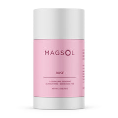 Packaging of MAGSOL Rose deodorant highlights aluminum-free protection for sensitive skin.