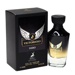 Maison Alhambra Victorioso Nero EDP bottle close-up, ideal for evening wear and confident presence.