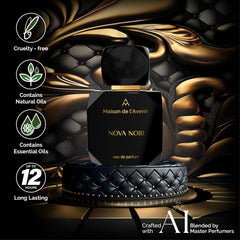 Nova Noir packaging box with jewel-toned finish evokes a luxury unboxing.