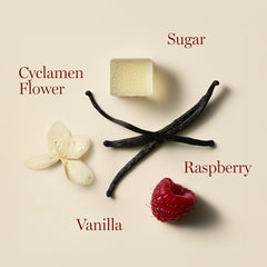 Vanilla blossom and raspberry visuals accompany the Fleur de Vanille bottle.