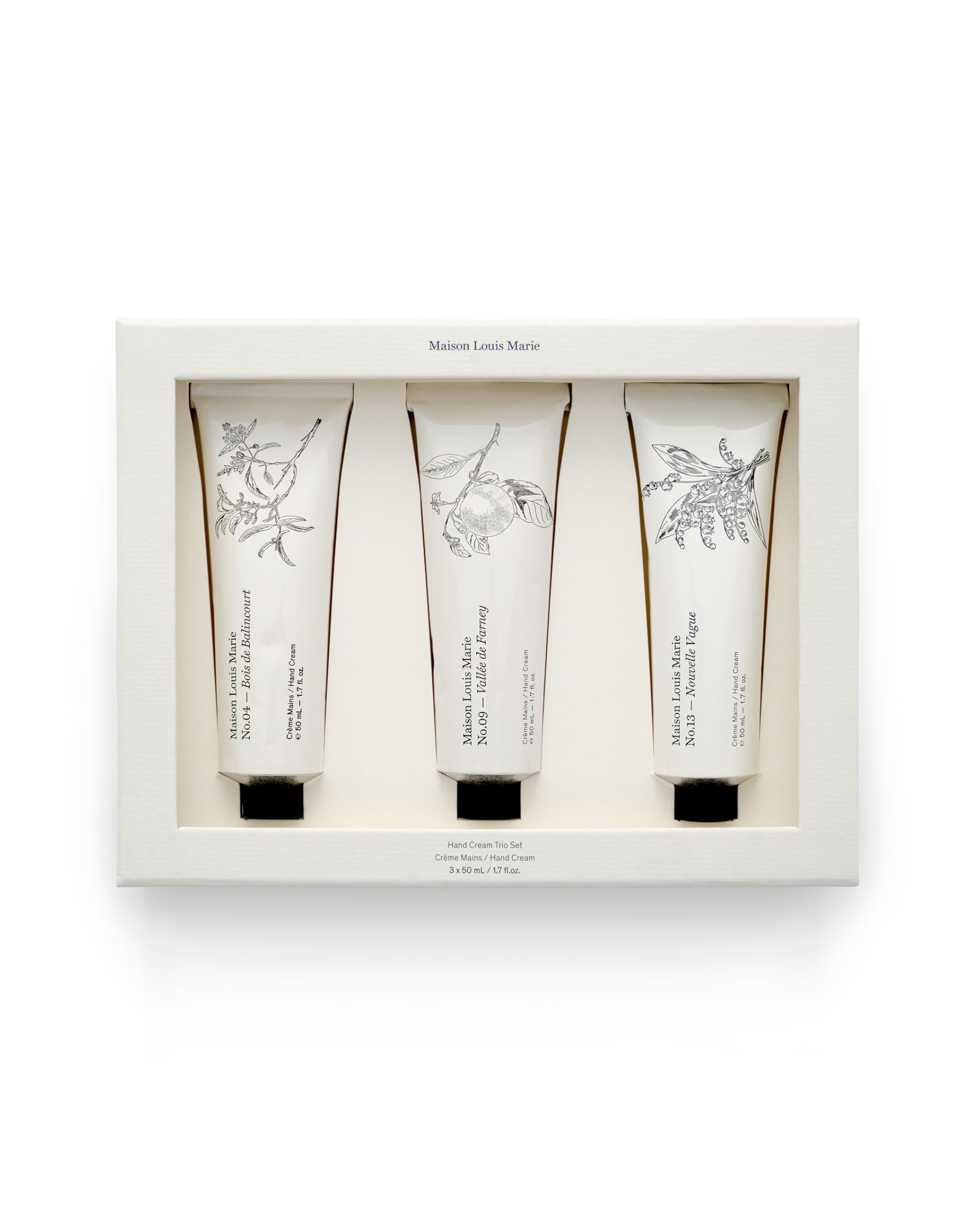 Maison Louis Marie No.04 Bois de Balincourt hand cream bottle close-up for smooth, hydrated skin.