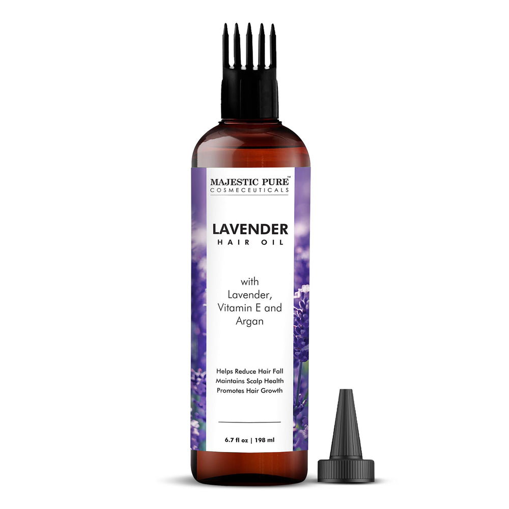 Majestic Pure Lavender Oil bottle shows a nourishing hair care formula