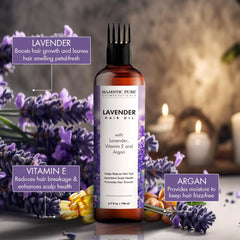 Majestic Pure Lavender Oil ingredients closeup with biotin, jojoba, and castor oils