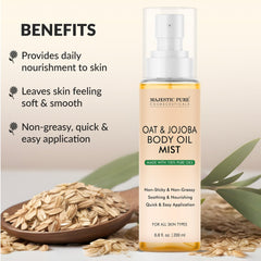 Majestic Pure Oat & Jojoba Body Mist close-up reveals non-greasy hydration texture.