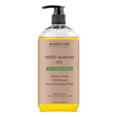 Majestic Pure Sweet Almond Oil bottle showing golden oil for skin hydration.