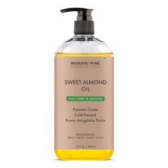 Majestic Pure Sweet Almond Oil bottle showing golden oil for skin hydration.