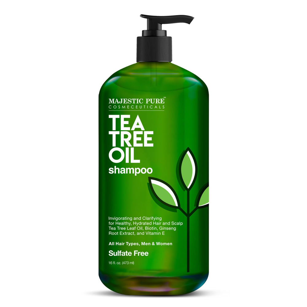Majestic Pure Tea Tree Shampoo bottle front view with sulfate-free formula for all hair types.