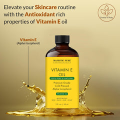 Close-up of Majestic Pure Vitamin E Oil cap ready to pour.