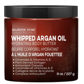Majestic Pure Whipped Argan Oil Body Butter jar close-up shows rich, hydrating texture.