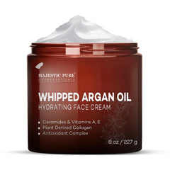 Majestic Pure Whipped Argan Oil Face Cream bottle shows rich hydration for dry skin.