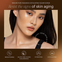 Makari Pure Radiance Scrub application on face and body for smoother skin.