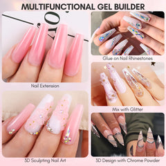 Clear and nude gels for durable nail extensions.