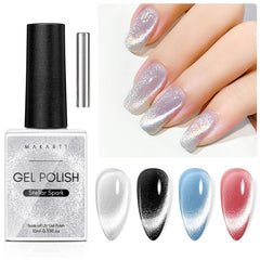 Makartt cat eye magnet silver gel polish displaying shifting holographic effect for at-home nail art