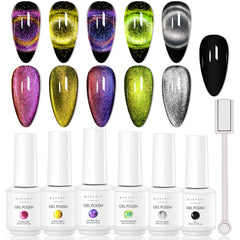 Makartt cat eye yellow gel polish shows magnetic 9D effect for bold nails.