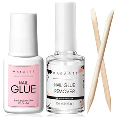 Makartt nail glue bottle application shows precise brush for smooth false nail adhesion.