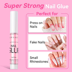 Makartt nail glue closeup demonstrates quick-setting adhesion for durable fake nails.