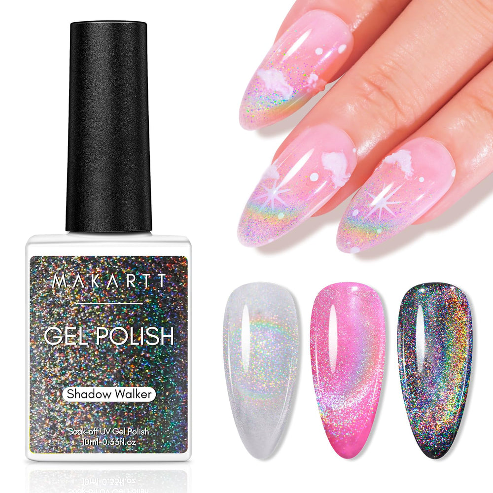 Makartt Rainbow Cat Eye Gel Nail Polish closeup with rainbow holographic sparkle for chic nails