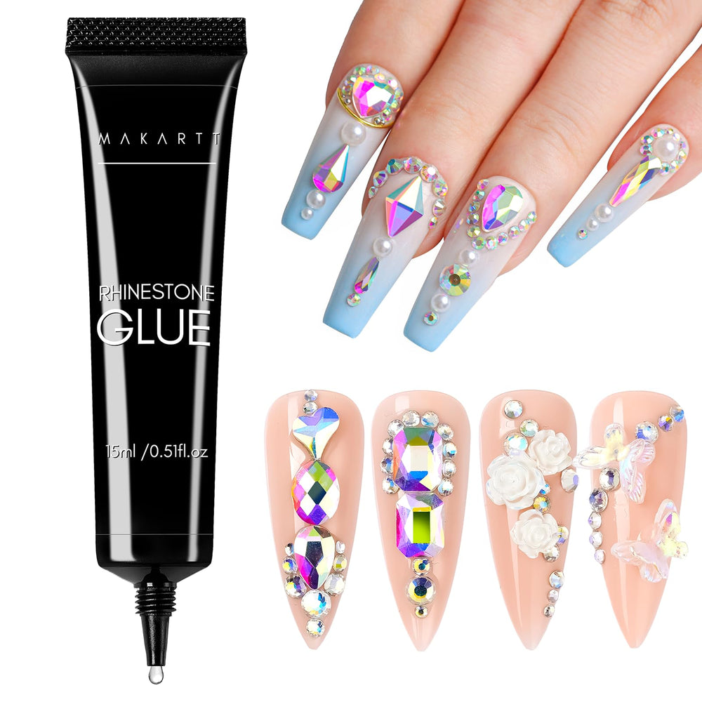 Makartt rhinestone glue tube closeup showing precision tip for secure gem adhesion