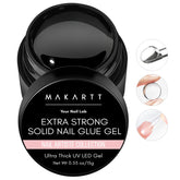 Makartt Solid Nail Glue Gel bottle close-up; crystal-clear formula for secure nail adhesion.