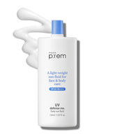 MAKEPREM Defense Me daily sun fluid bottle offers broad UV protection for face and body.