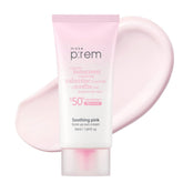 Make P:REM Soothing Pink Tone Up Sunscreen bottle pour shows lightweight mineral protection and glow