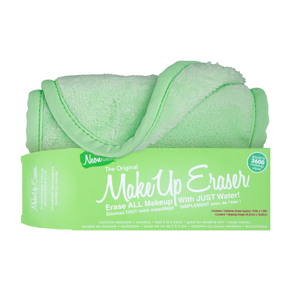 MakeUp Eraser Neon Green bottle closeup shows clean design and reusable makeup removal