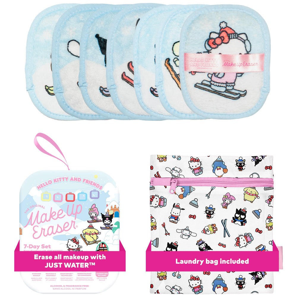 MakeUp Eraser original seven-day Hello Kitty Skiing box shows water-only makeup removal.